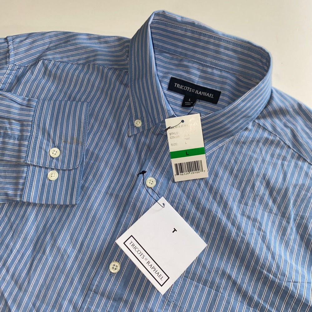 Tricots St Raphael Mens Blue White Striped Button Down Shirt L SAW WL1234 NWT